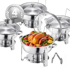 5 Qt 4 Pack Round Chafing Dish Buffet Set Full-Size Pan Stainless Steel Silver (Set: 4 Pcs, Style: Silvery-Glass Lid)